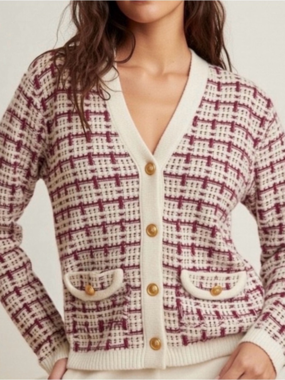 Marled Tweed Cotton Blend Plaid V‑Neck Button Pockets Cardigan